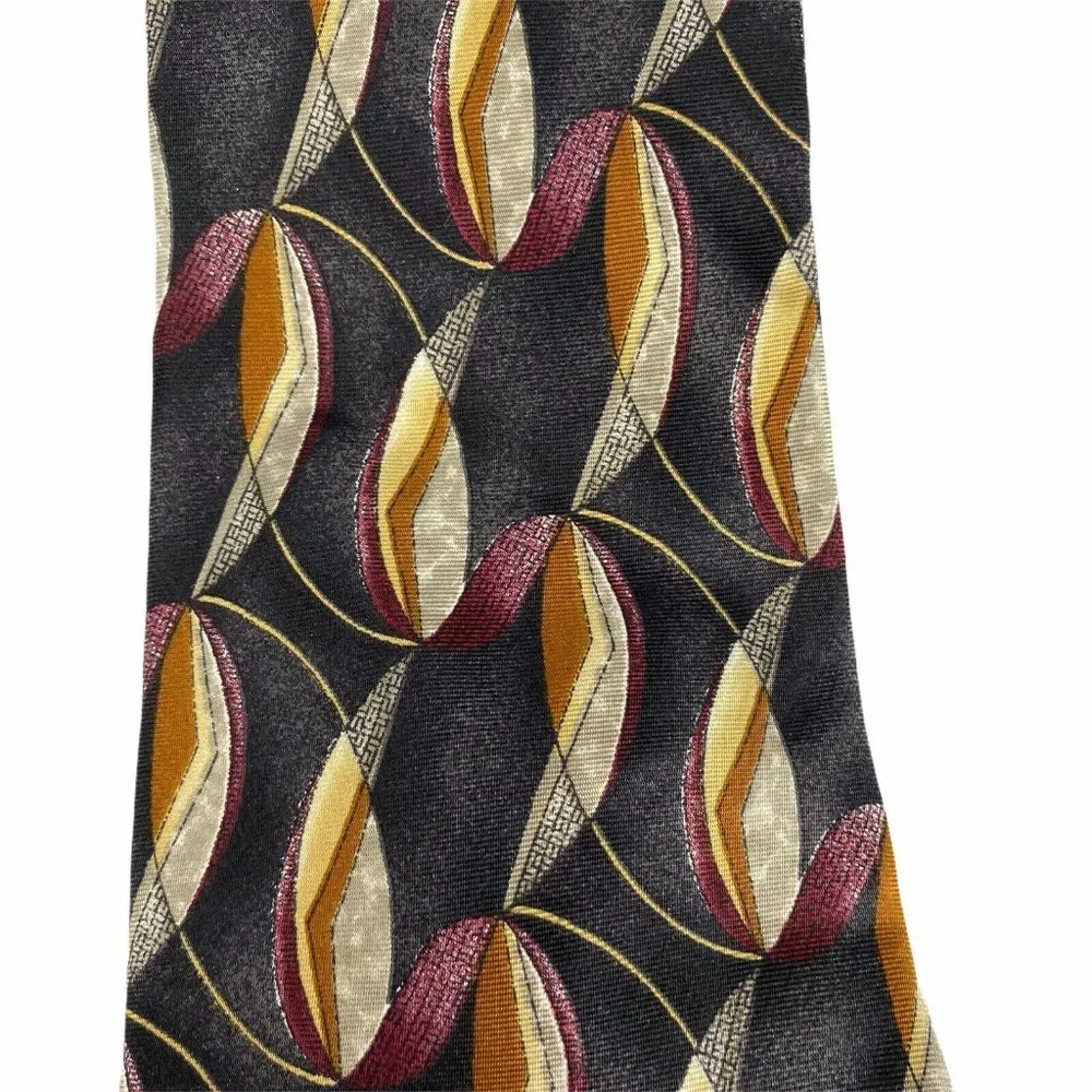 George Machado Black Maroon Yellow Tan Silk Tie‎